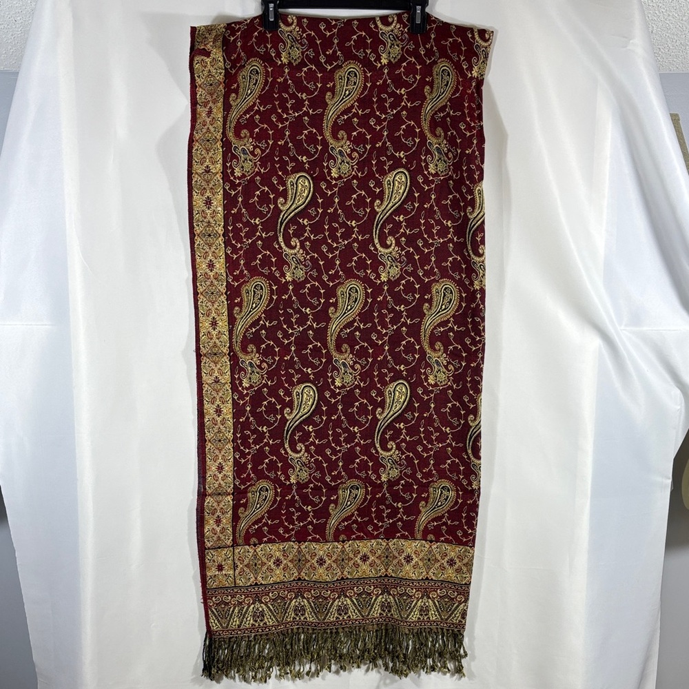 pashmina Burgundy Paisley Scarf with Gold Accents and Fringe 92 in x 45 in